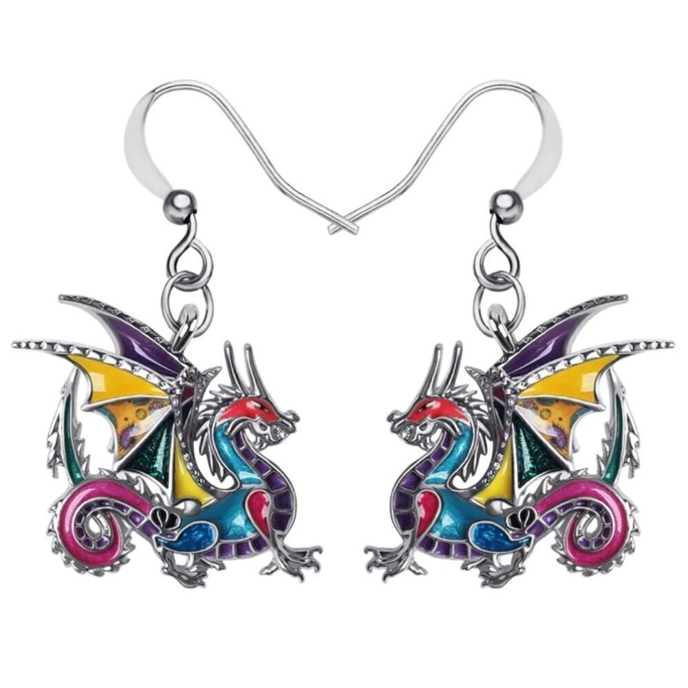 Silver and Multicolor Enamel Mythical Dragon Dangling French Wire Hook Earrings